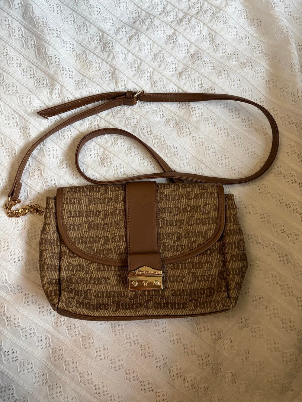 Juicy Couture Logo Crossbody Bag Brown Monogram Faux Leather Shoulder Purse